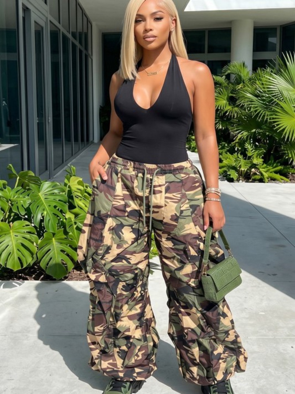 Camouflage Cargo Wide-Leg Pants - Black Bodysuit Styling